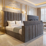Load image into Gallery viewer, Modern bedroom with a large bed and decorative headboard, featuring 'BEDS N BOARDS' branding.