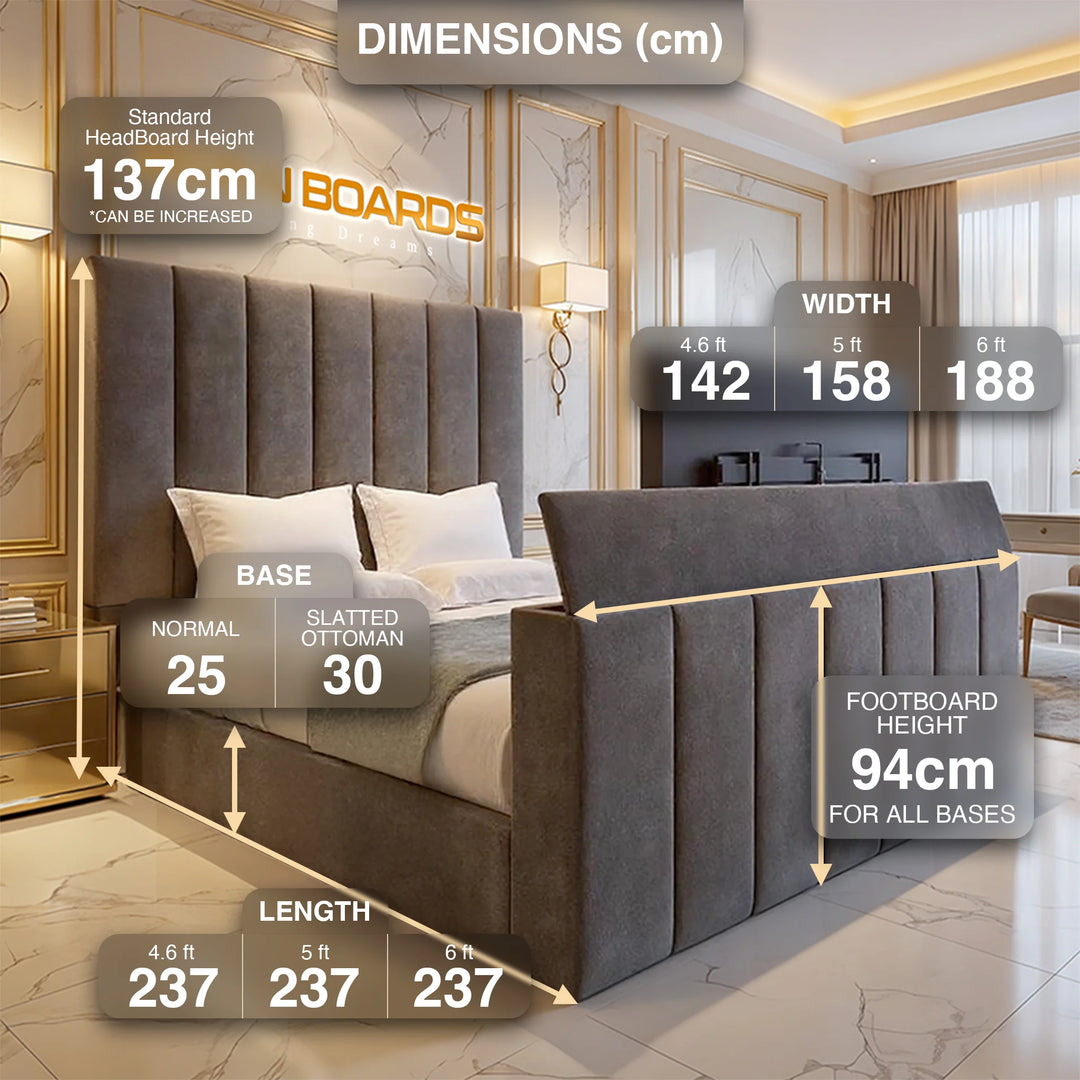 2025 DreamScreen™ TV Bed – Luxury Upholstered Frame with 27″–43″ TV Lift & Ottoman Storage