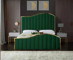 Load image into Gallery viewer, Elegant Gold Fabric Border Panel Velvet Upholstered Bed frame - BedsnBoards
