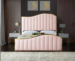 Load image into Gallery viewer, Elegant Gold Fabric Border Panel Velvet Upholstered Bed frame - BedsnBoards
