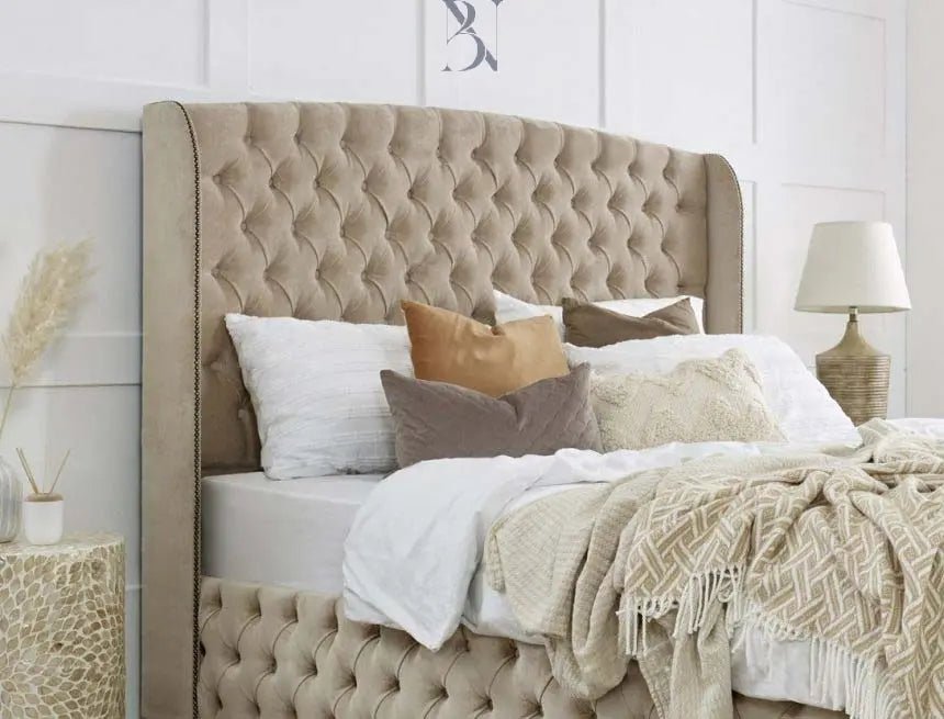 Emmerson Wingback Upholstered Bed Frame - BedsnBoards