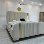 Load image into Gallery viewer, Gold Border Excellence Frame design Upholstered Bed - BedsnBoards
