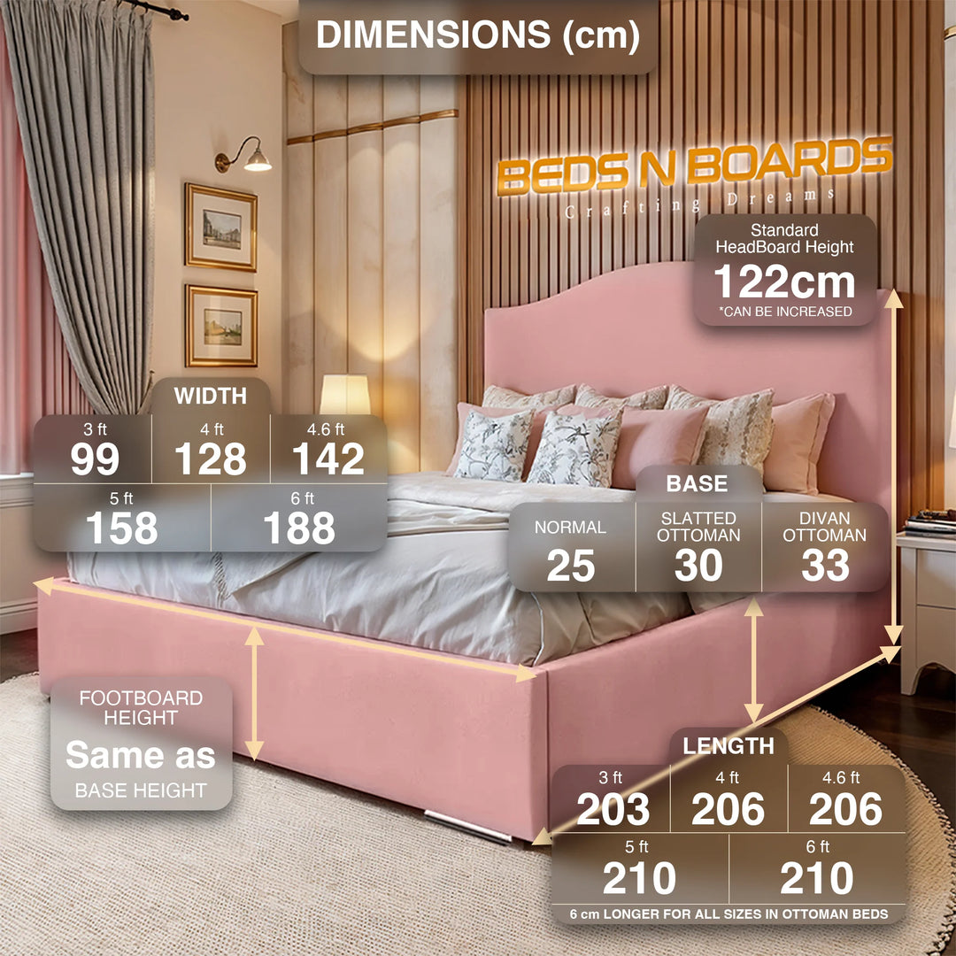 Rosebelle Curve Luxury Bed Frame with Optional Ottoman Storage