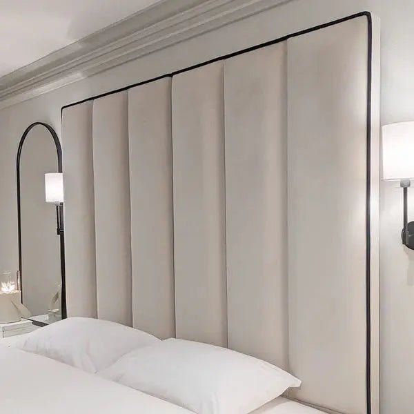 Luxury Mercer Cream Velvet Bed – Panelled Frame with Black Piping - BedsnBoards