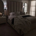 Load image into Gallery viewer, Luxury Mercer Cream Velvet Bed – Panelled Frame with Black Piping - BedsnBoards
