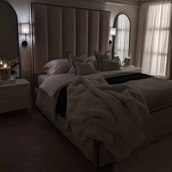 Luxury Mercer Cream Velvet Bed – Panelled Frame with Black Piping - BedsnBoards