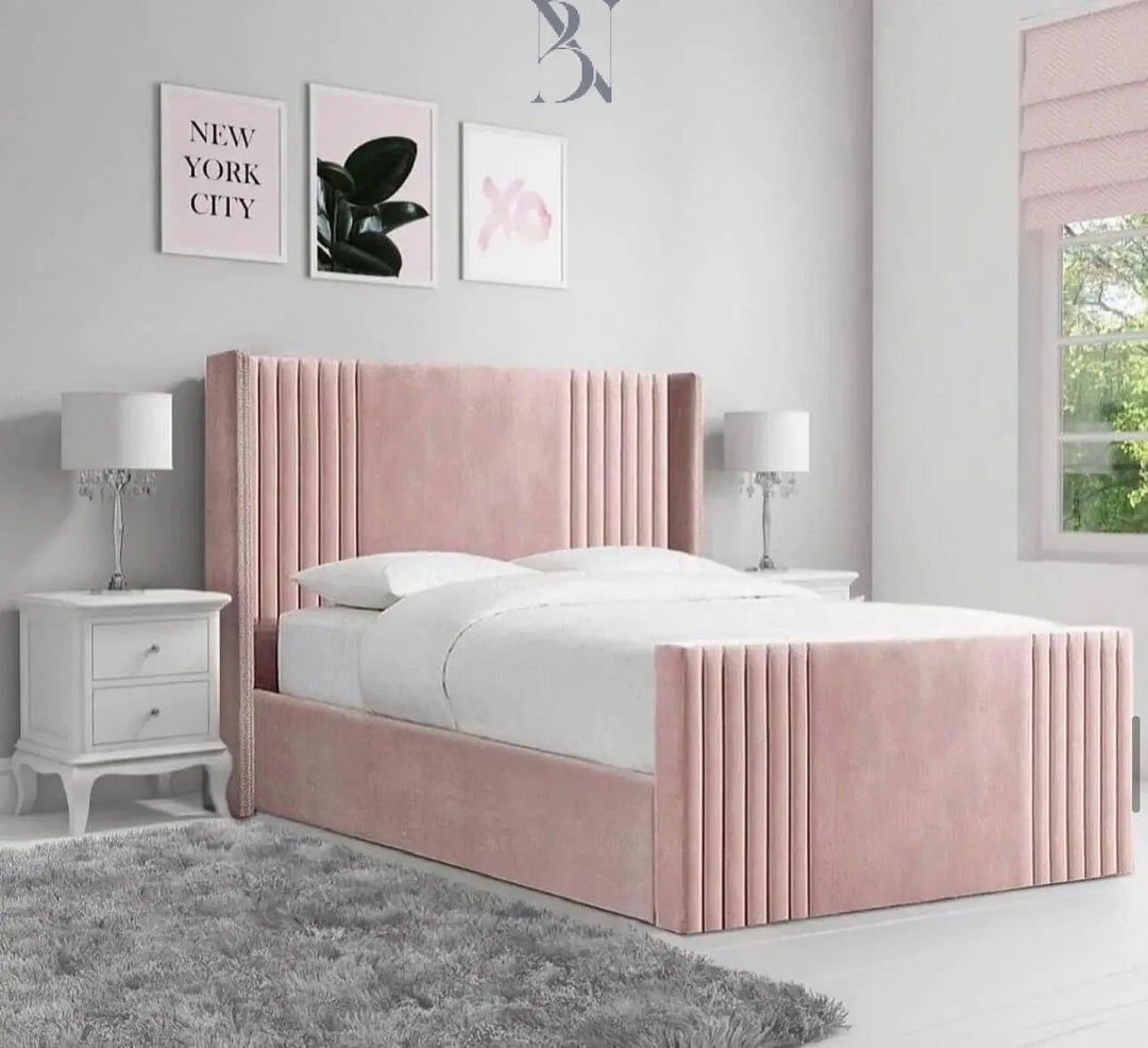 New York Paneled Wingback Luxury Velvet Upholstered Bed - BedsnBoards