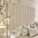 Load image into Gallery viewer, Nori Boucle Luxury Bed – Cream Panelled Headboard | Ottoman Storage - BedsnBoards
