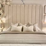 Load image into Gallery viewer, Nori Boucle Luxury Bed – Cream Panelled Headboard | Ottoman Storage - BedsnBoards
