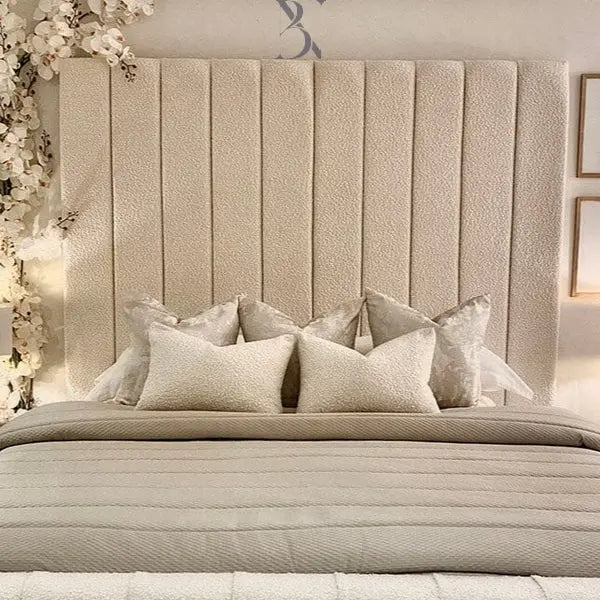 Nori Boucle Luxury Bed – Cream Panelled Headboard | Ottoman Storage - BedsnBoards