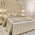 Load image into Gallery viewer, Nori Boucle Luxury Bed – Cream Panelled Headboard | Ottoman Storage - BedsnBoards
