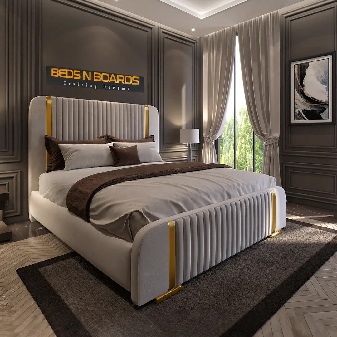Golden Strip Paneled upholstered Premium bed Frame - BedsnBoards